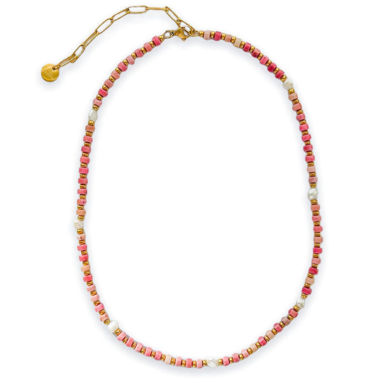 Rhodonite Heishi Necklace With Freshwater Pearls
