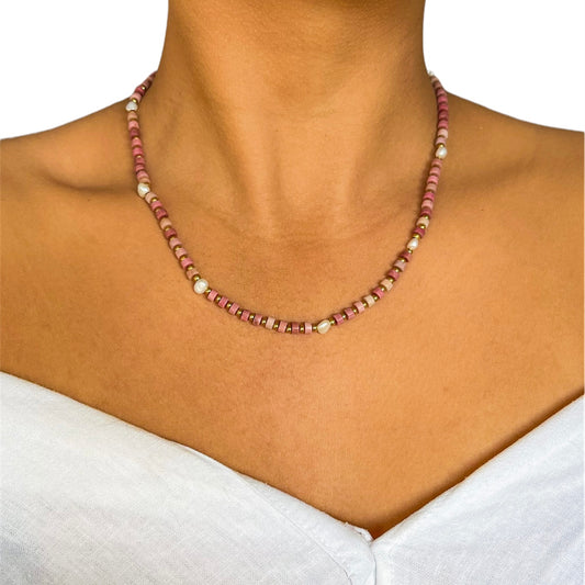 Rhodonite Heishi Necklace With Freshwater Pearls