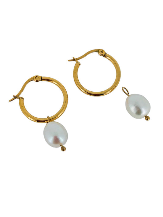Pearl Hoops - Medium | 18K Gold Plated