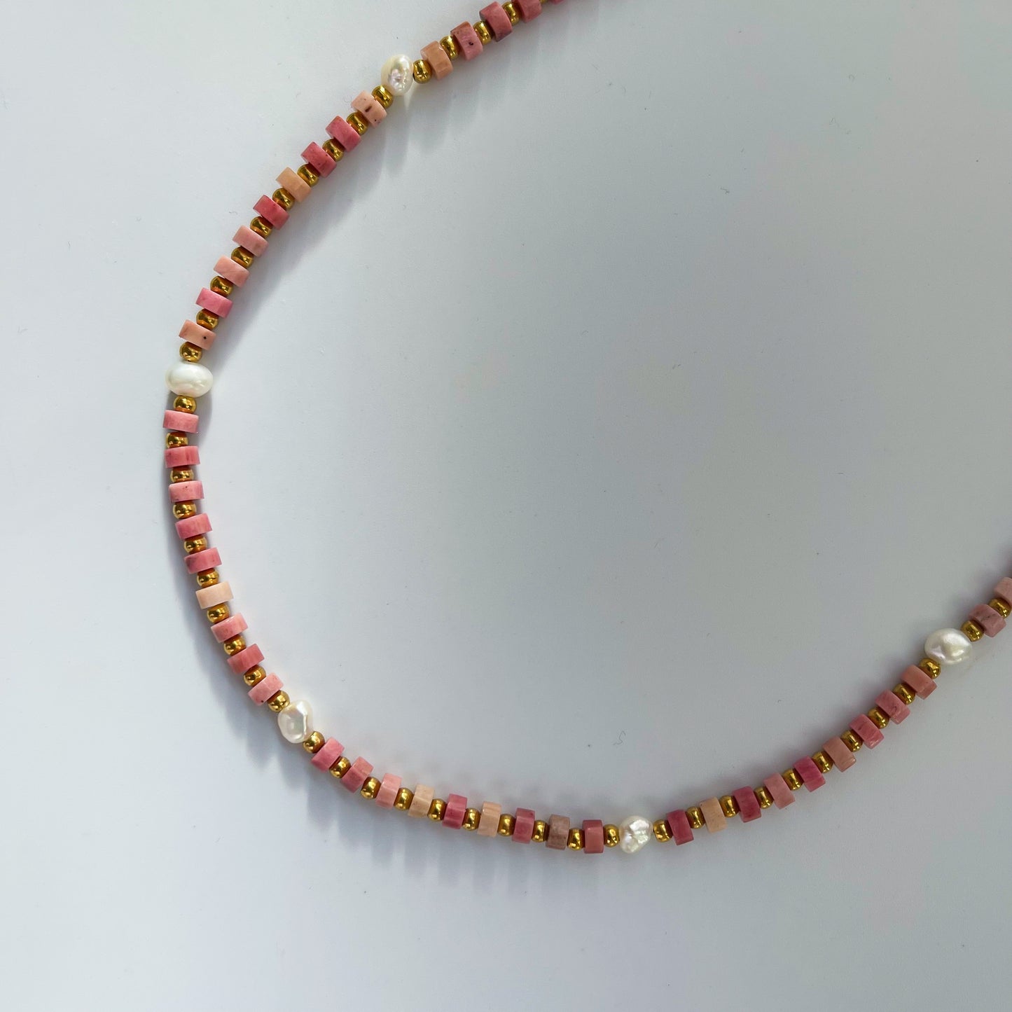 Rhodonite Heishi Necklace With Freshwater Pearls