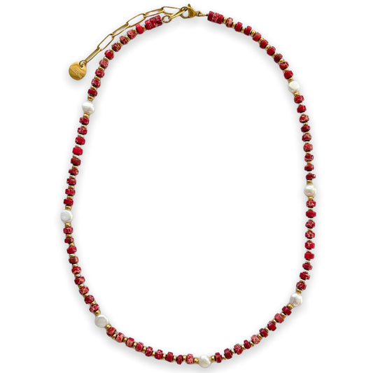 Red Jasper Heishi Necklace With Freshwater Pearls