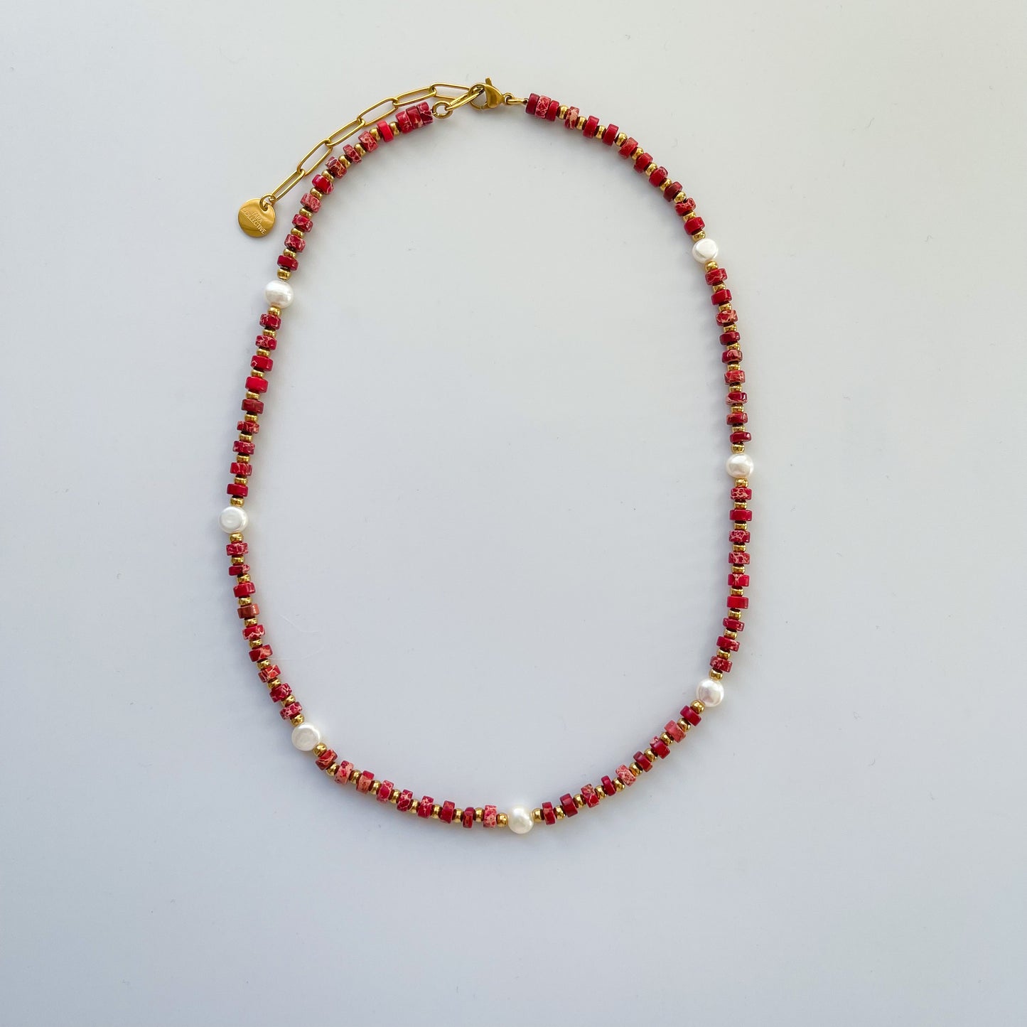 Red Jasper Heishi Necklace With Freshwater Pearls