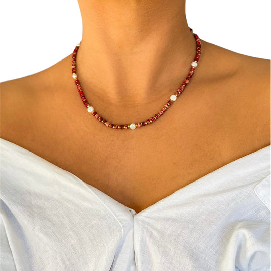 Red Jasper Heishi Necklace With Freshwater Pearls