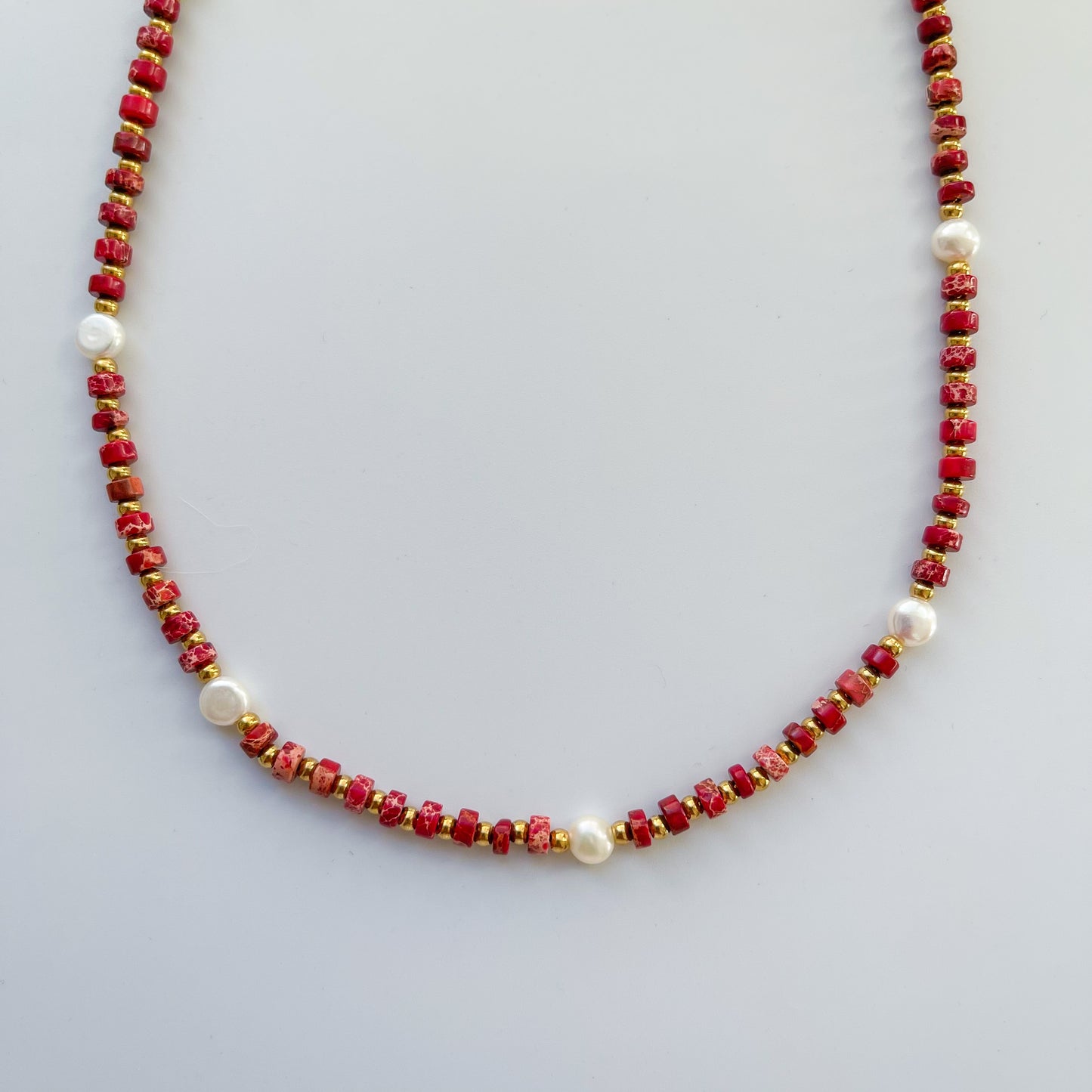 Red Jasper Heishi Necklace With Freshwater Pearls