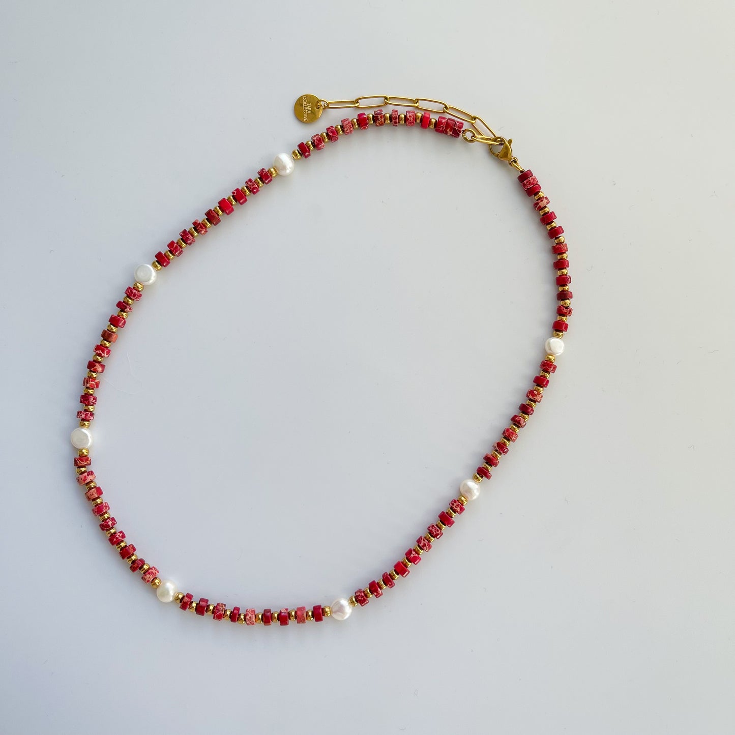 Red Jasper Heishi Necklace With Freshwater Pearls