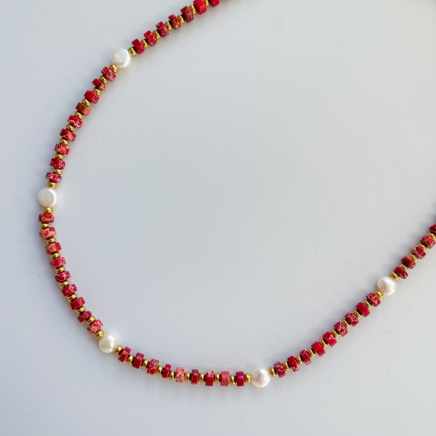 Red Jasper Heishi Necklace With Freshwater Pearls