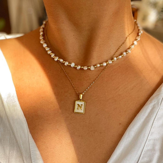 Mother Of Pearl Initial Necklace | 18K Gold Plated