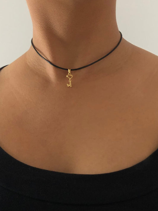 Key Choker Necklace - Black Cord | 18k Gold Plated