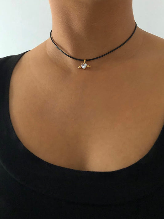 Zircon Heart Necklace- Choker Black | 18K Gold Plated